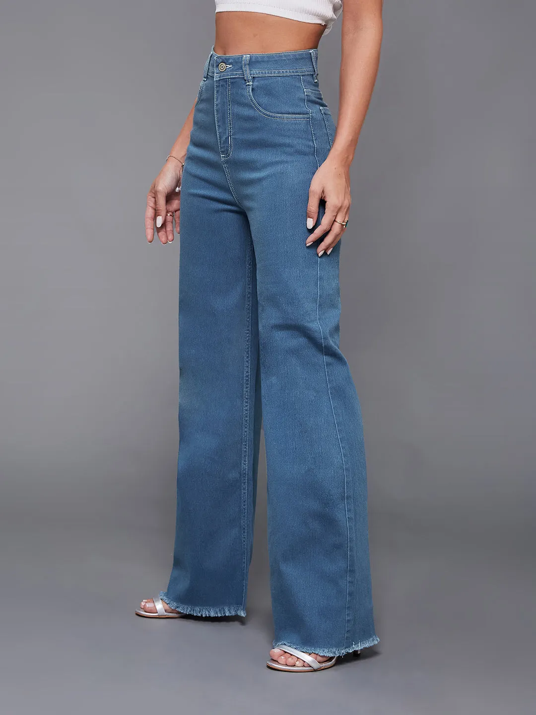 24/7 comfort Women's Blue Wide-Leg High-Rise Stretchable Denim Jeans