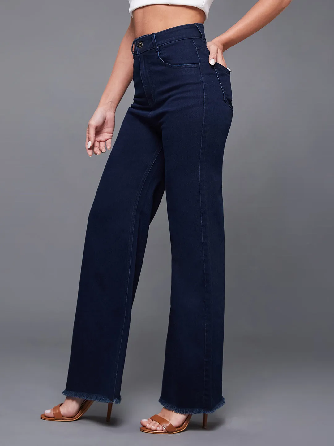 24/7 Comfort Women's Navy Blue Wide-Leg High-Rise Stretchable Denim Jeans