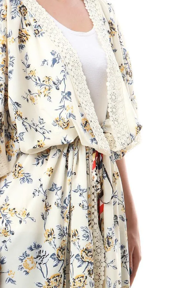 56517 Floral Open Neckline Off White Cardigan