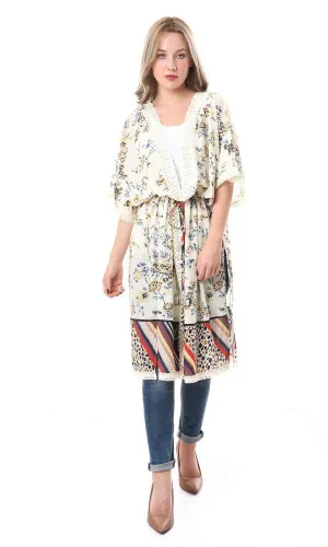 56517 Floral Open Neckline Off White Cardigan