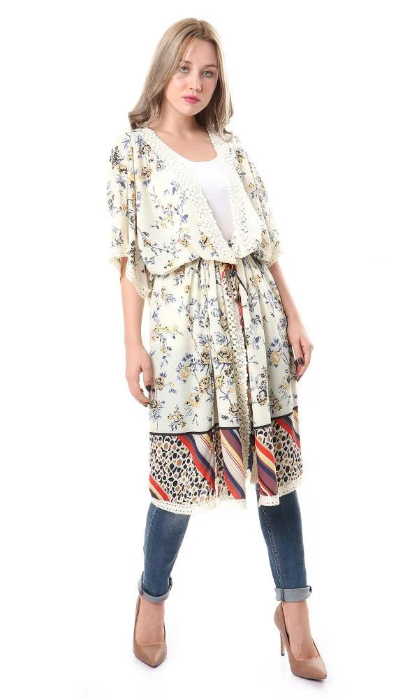 56517 Floral Open Neckline Off White Cardigan