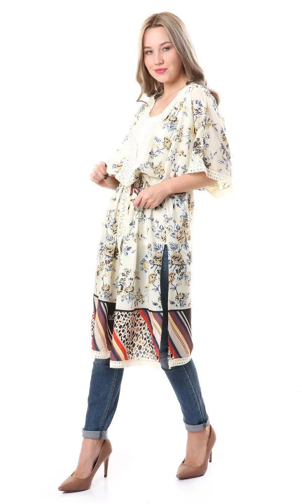 56517 Floral Open Neckline Off White Cardigan