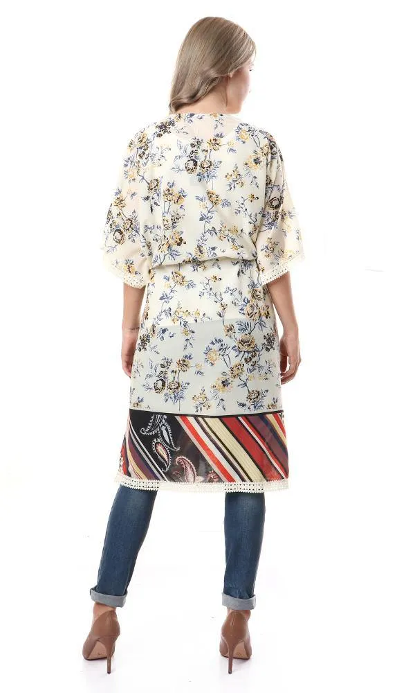 56517 Floral Open Neckline Off White Cardigan