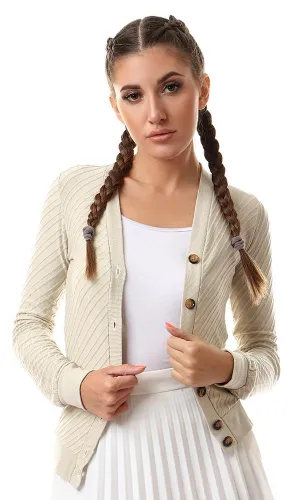 57766 Self Striped Buttoned Light Khaki Cardigan With Hem