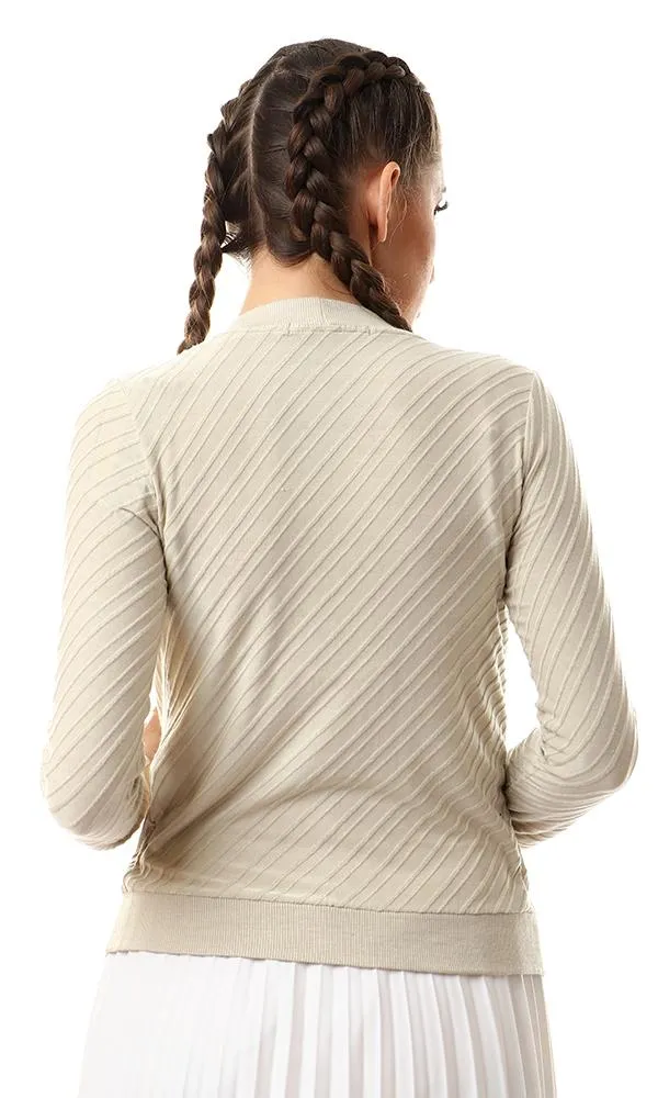 57766 Self Striped Buttoned Light Khaki Cardigan With Hem