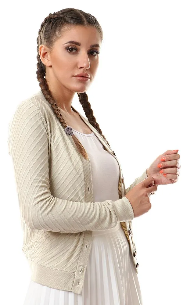 57766 Self Striped Buttoned Light Khaki Cardigan With Hem