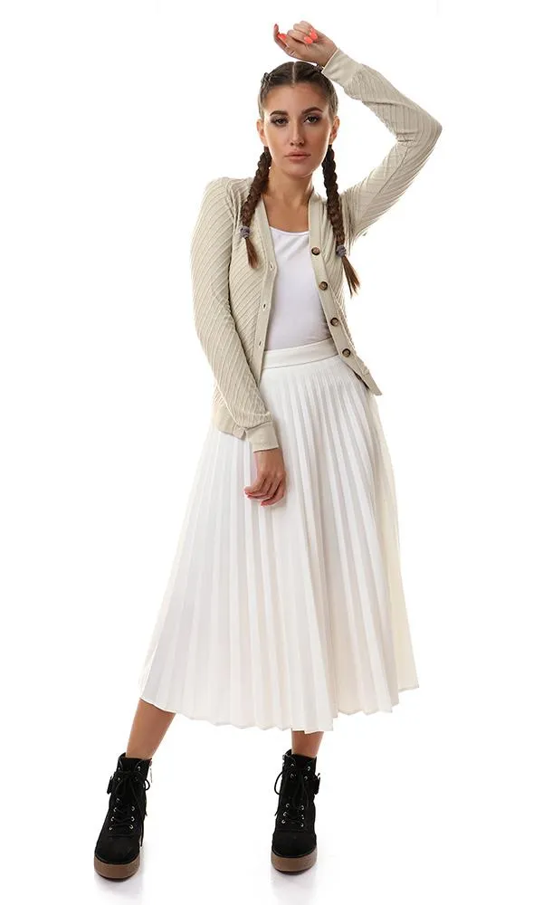 57766 Self Striped Buttoned Light Khaki Cardigan With Hem