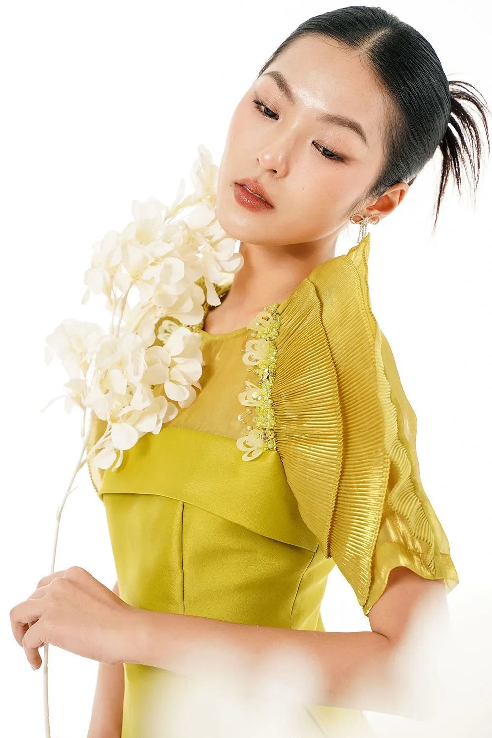 An Nguyet A-line Jewel Neck Taffeta Floor Length Ao Dai