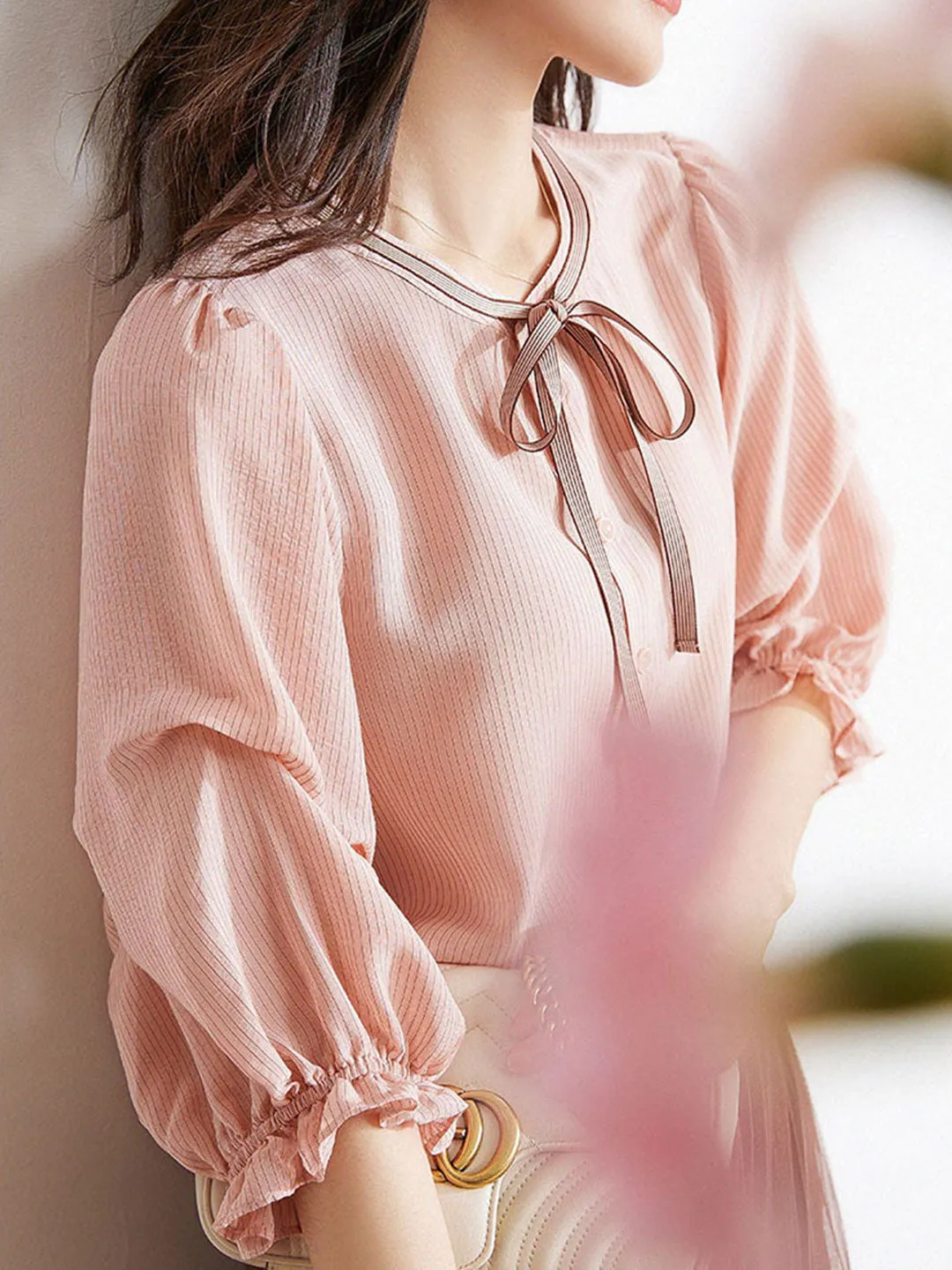 Bella Elegant Bow Tie Striped Shirt Top
