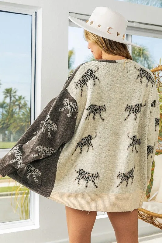 BiBi Tiger Open Front Long Sleeve Contrast Cardigan in Oatmeal & Mocha