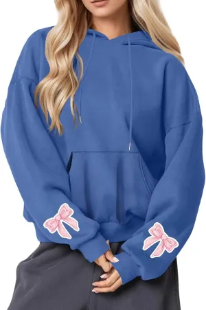 Black Hoodie Women Oversized Relaxed Pink Bow Sleeve Casual Fleece Pullover Hooded Sweatshirt Streetwear Essential