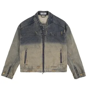Collarless Ripped Washed Denim Jacket