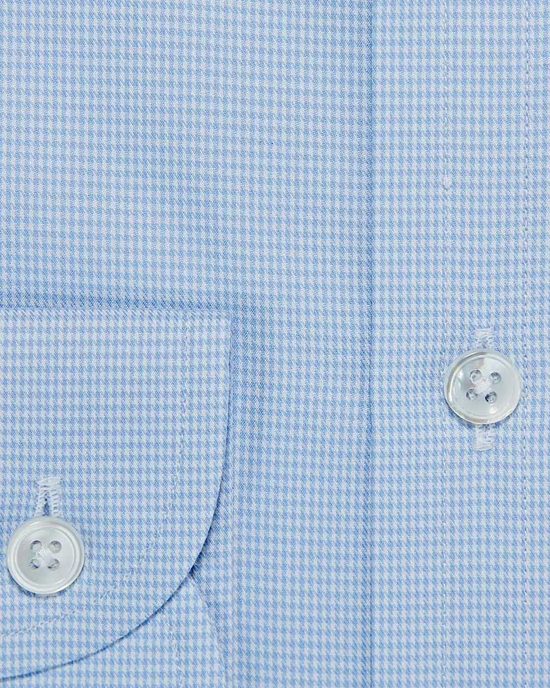 Contemporary Fit Sky Blue Micro Houndstooth Check Cotton Shirt with Cut-away Collar & Two Button Cuff
