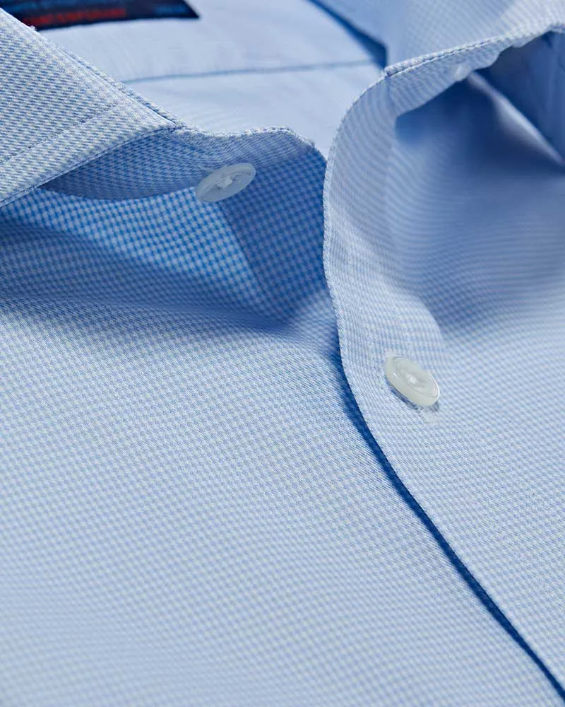 Contemporary Fit Sky Blue Micro Houndstooth Check Cotton Shirt with Cut-away Collar & Two Button Cuff