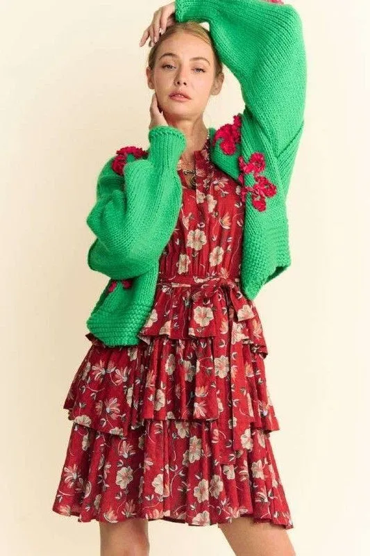Davi & Dani Green Floral Applique Open Front Drop Shoulder Cardigan