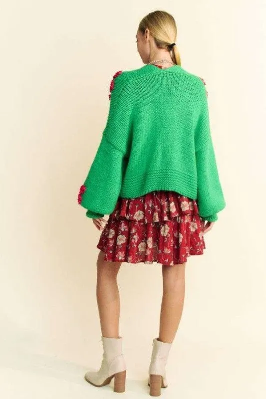 Davi & Dani Green Floral Applique Open Front Drop Shoulder Cardigan