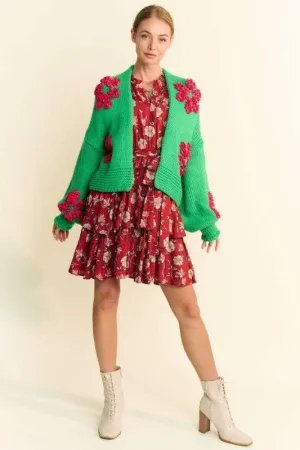 Davi & Dani Green Floral Applique Open Front Drop Shoulder Cardigan