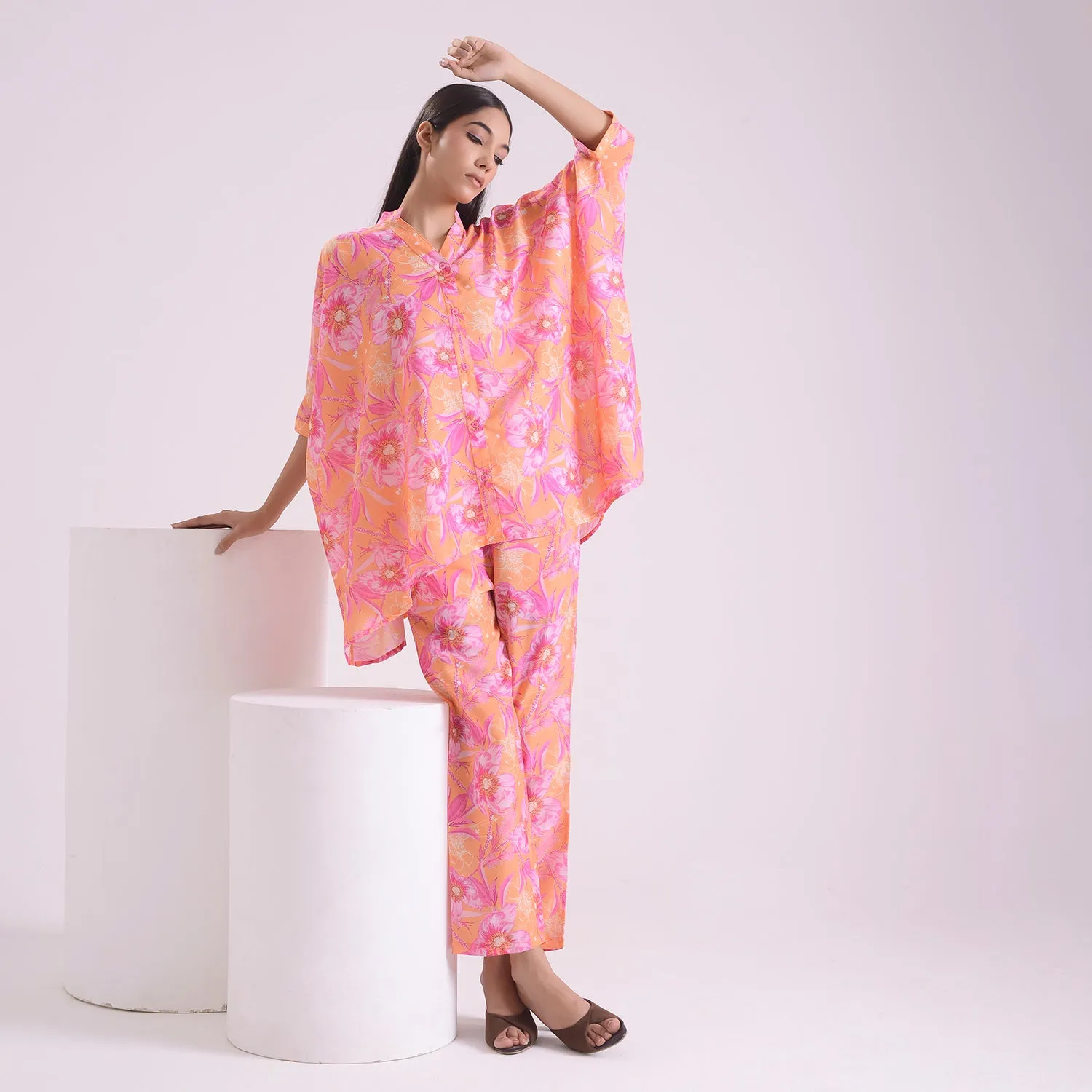 Dusky printed poplin kaftan style Coord set of 2