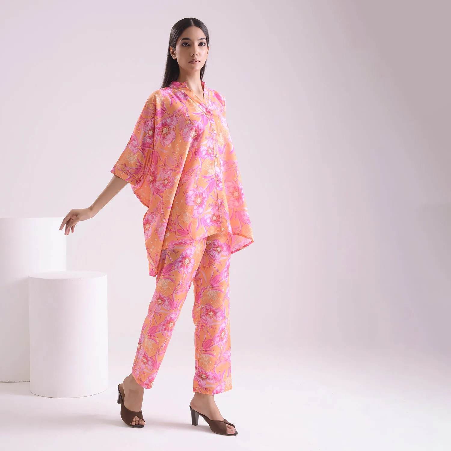 Dusky printed poplin kaftan style Coord set of 2