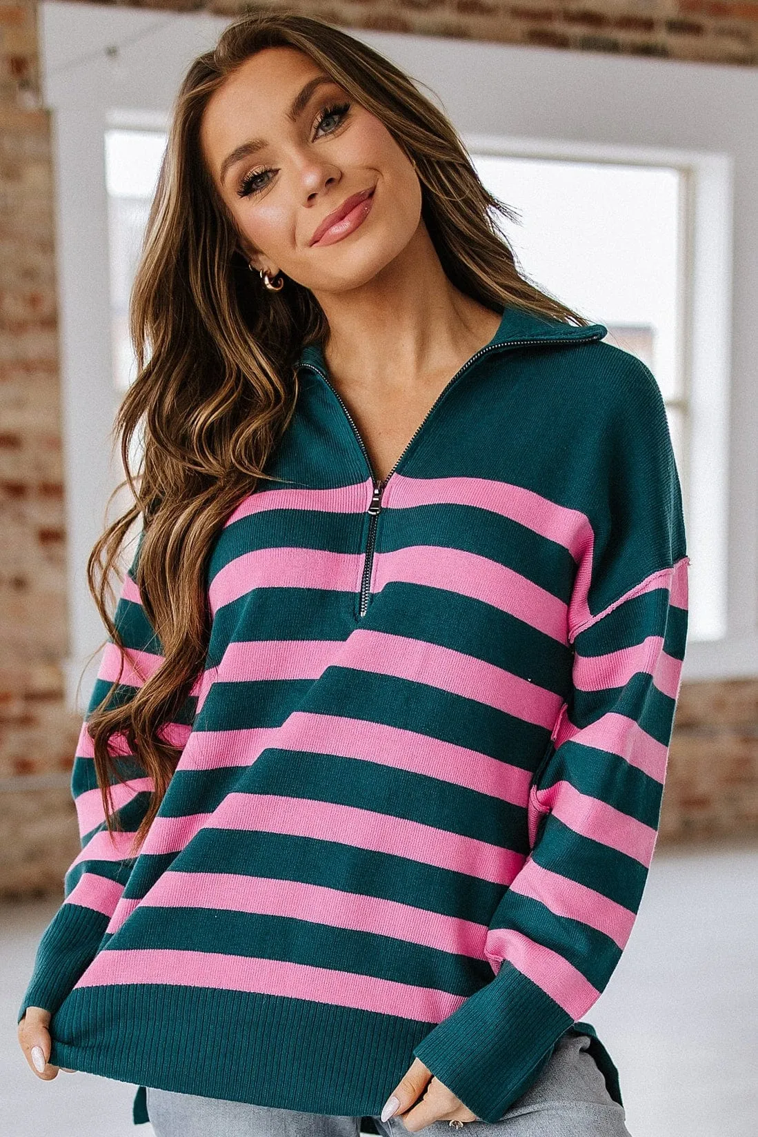 Elaina Striped Quarter Zip Sweater