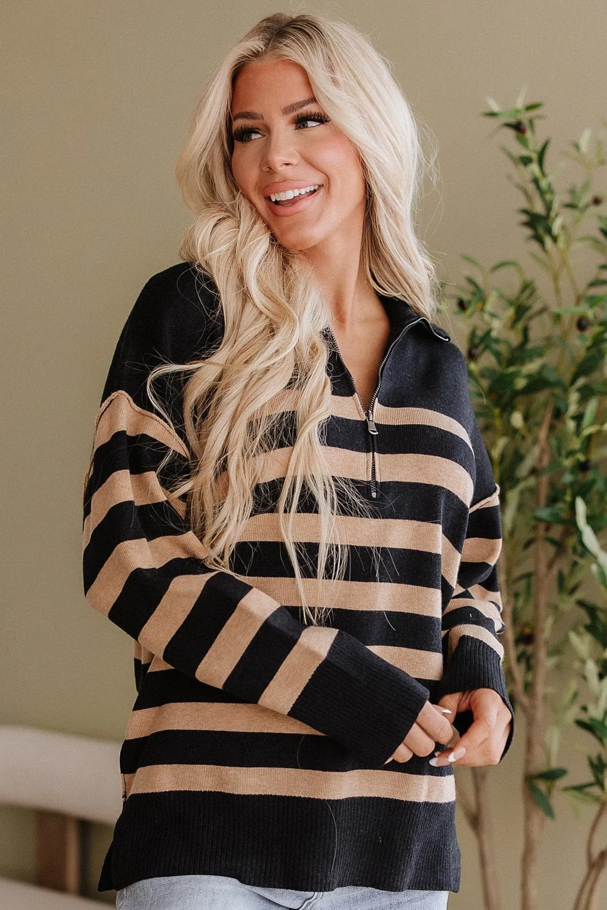 Elaina Striped Quarter Zip Sweater