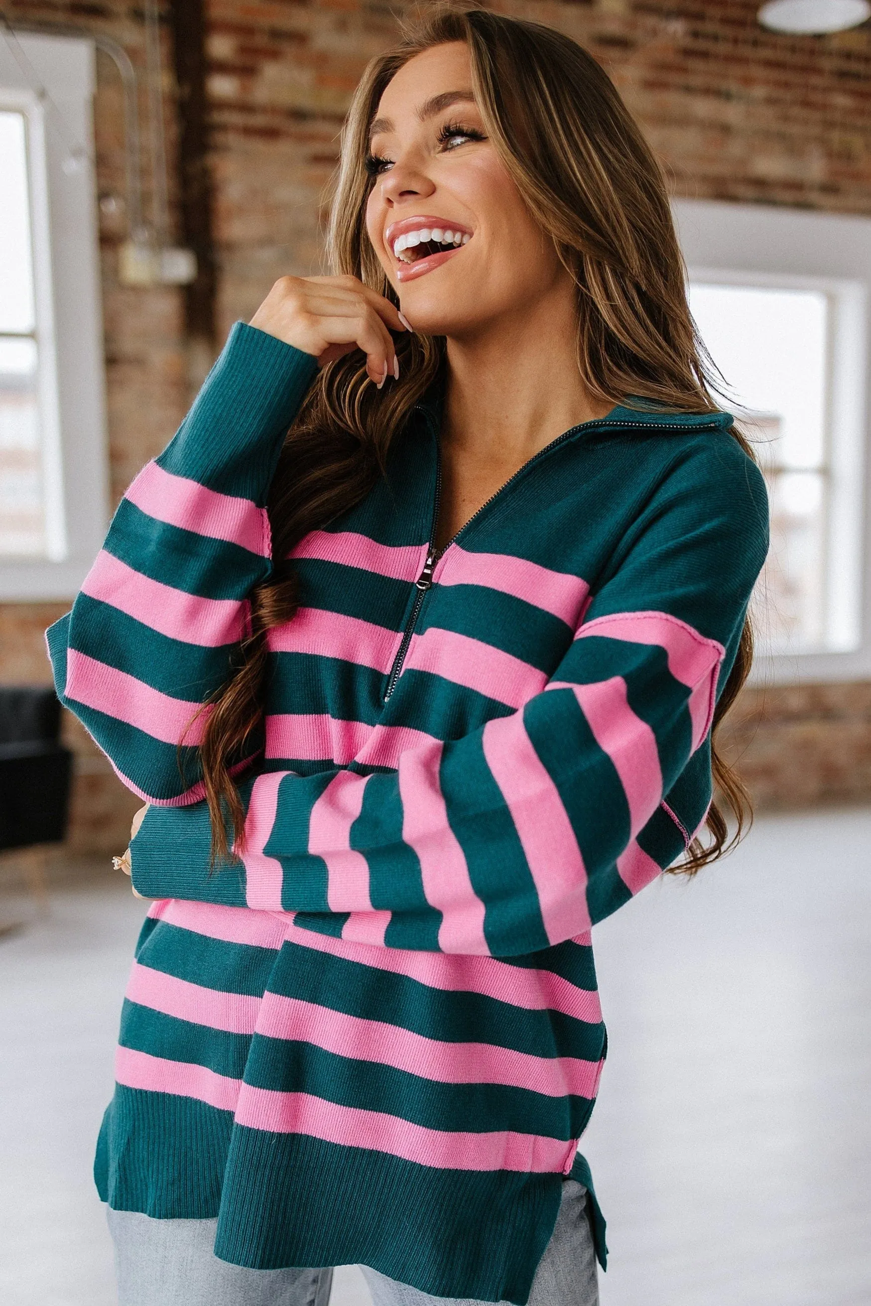 Elaina Striped Quarter Zip Sweater