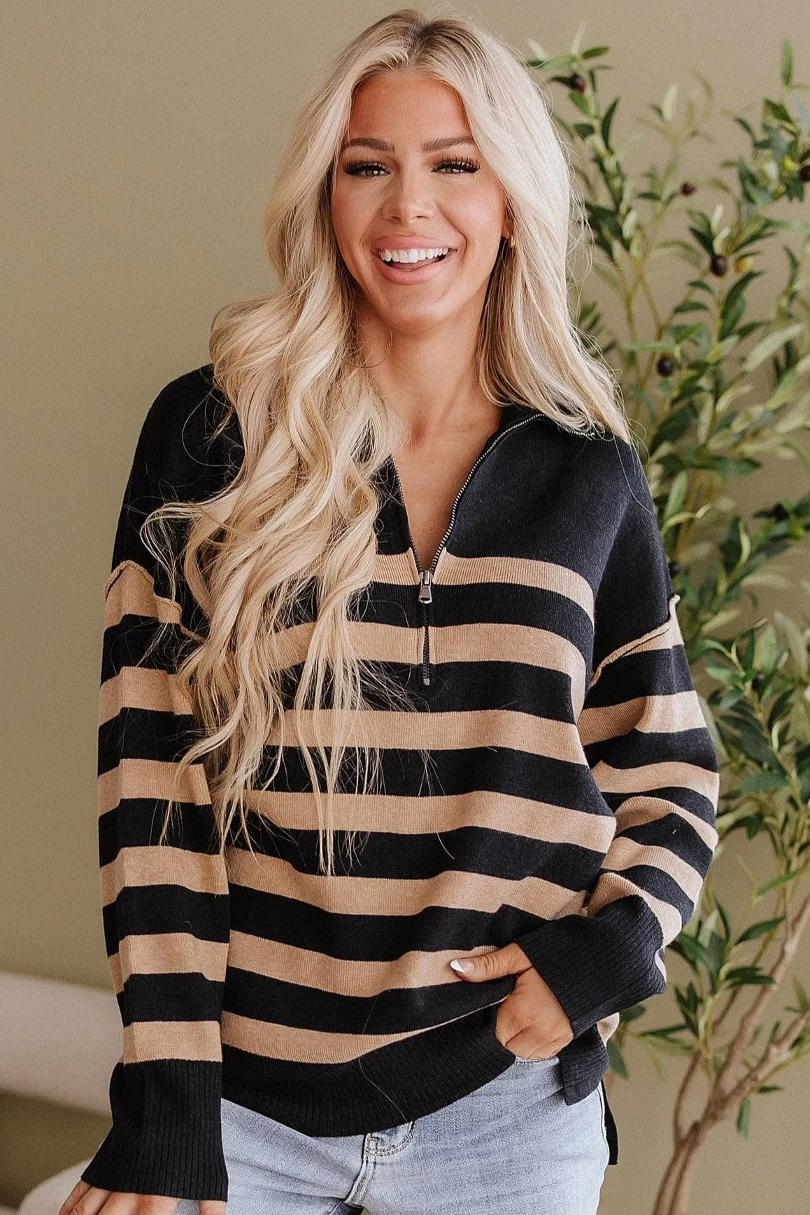 Elaina Striped Quarter Zip Sweater
