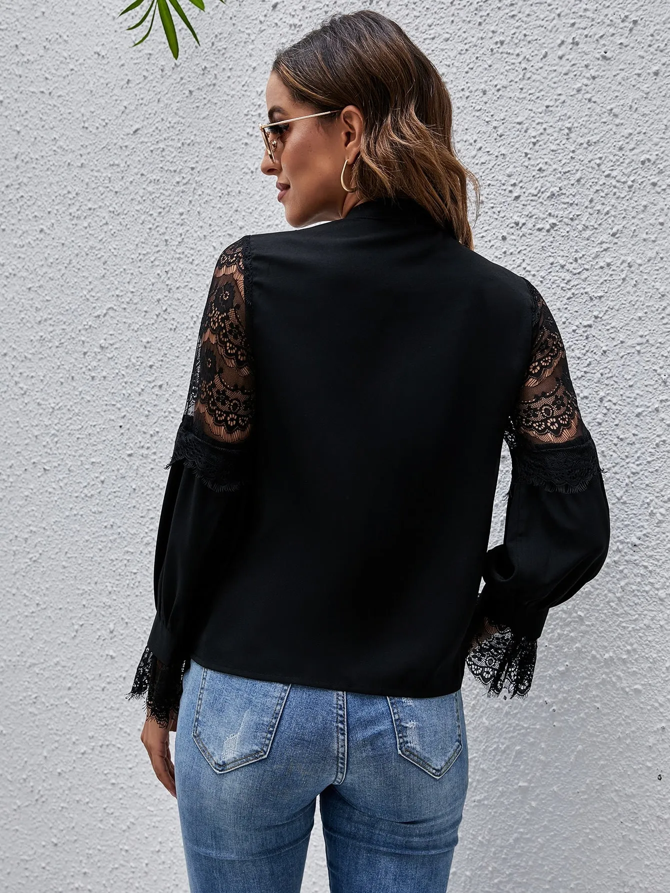 Elegant Plain Button Front Long Sleeve Stand Collar Semi-Sheer Regular Blouse