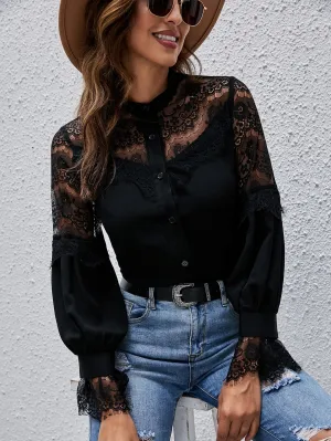 Elegant Plain Button Front Long Sleeve Stand Collar Semi-Sheer Regular Blouse