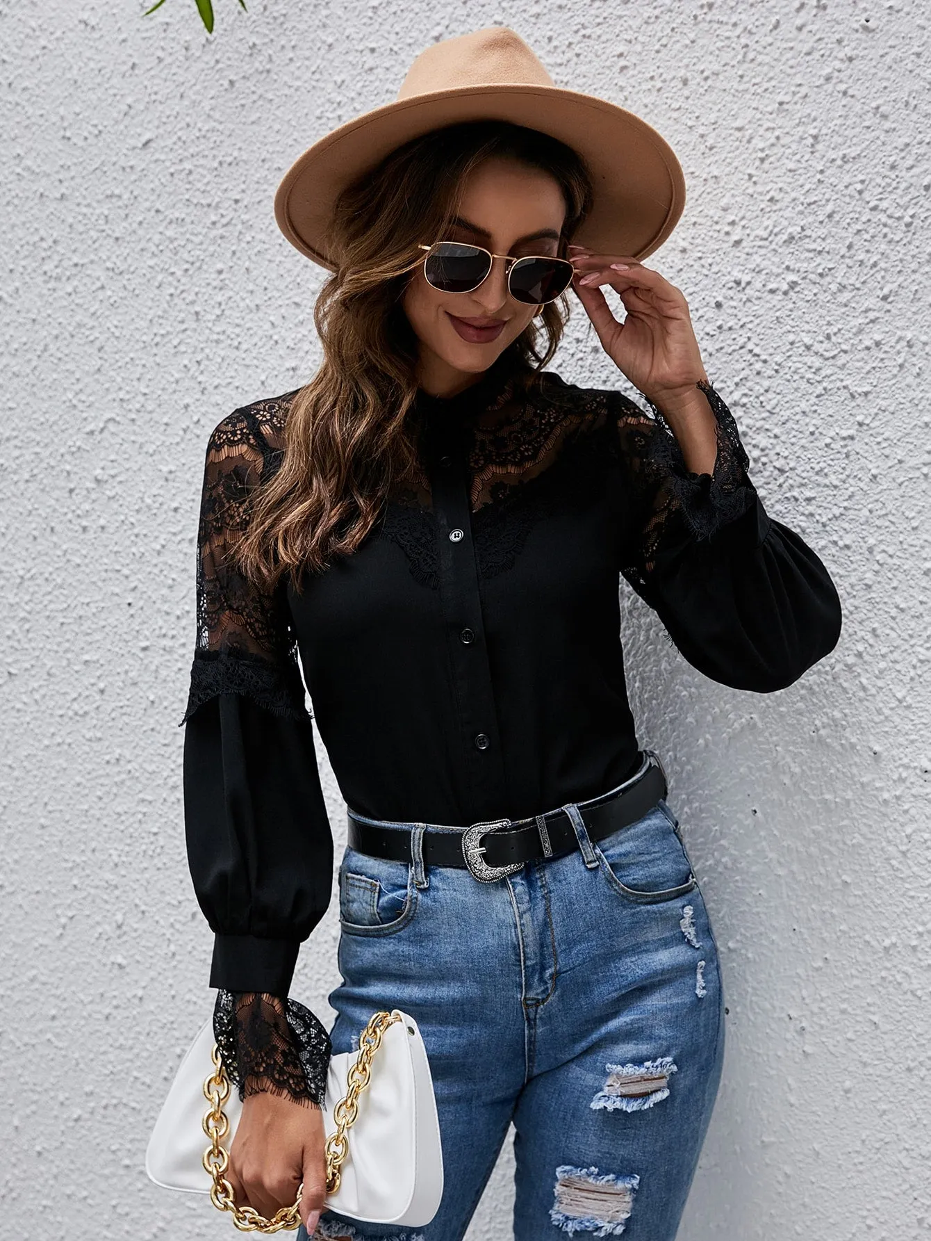 Elegant Plain Button Front Long Sleeve Stand Collar Semi-Sheer Regular Blouse