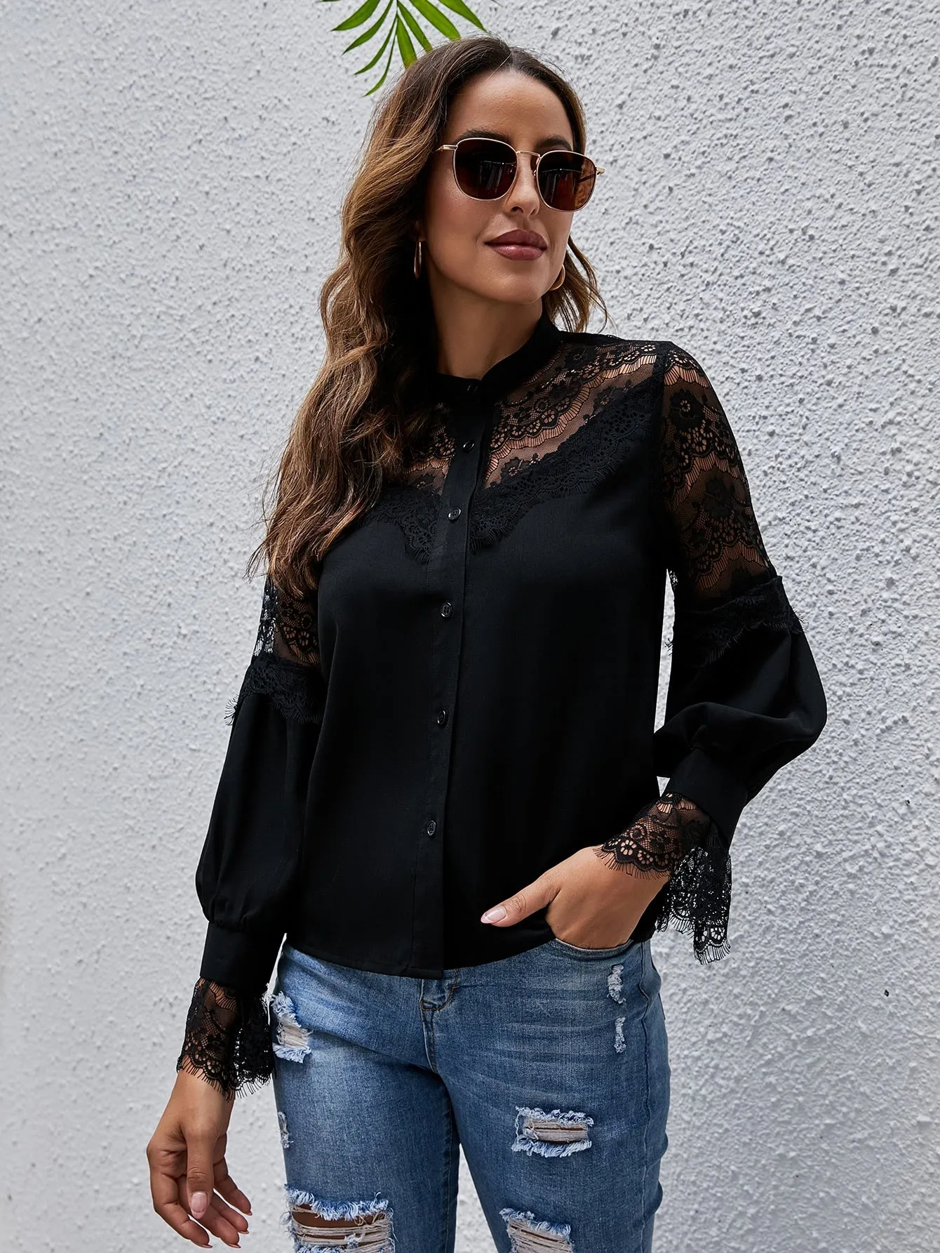 Elegant Plain Button Front Long Sleeve Stand Collar Semi-Sheer Regular Blouse
