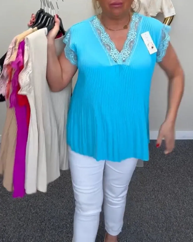 Elegant solid color sleeveless V-neck lace blouse