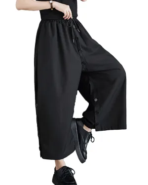 ellazhu Women's Drop Crotch Elastic Waist Button Down Wide Leg Harem Pants GZ179 Black