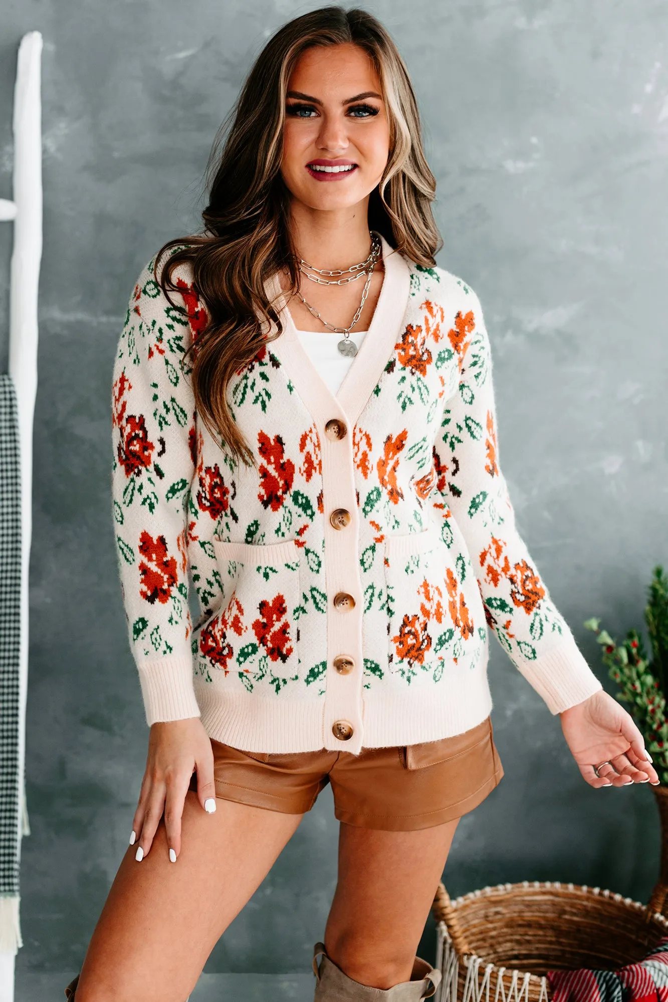 Elmira Floral Knit Button-Front Cardigan (Cream)
