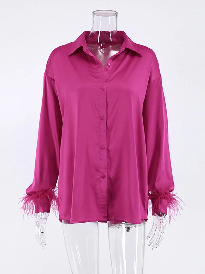 FashionSierra - Elegant Long Sleeve Spliced Feathers Solid Blouse