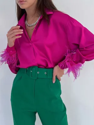 FashionSierra - Elegant Long Sleeve Spliced Feathers Solid Blouse
