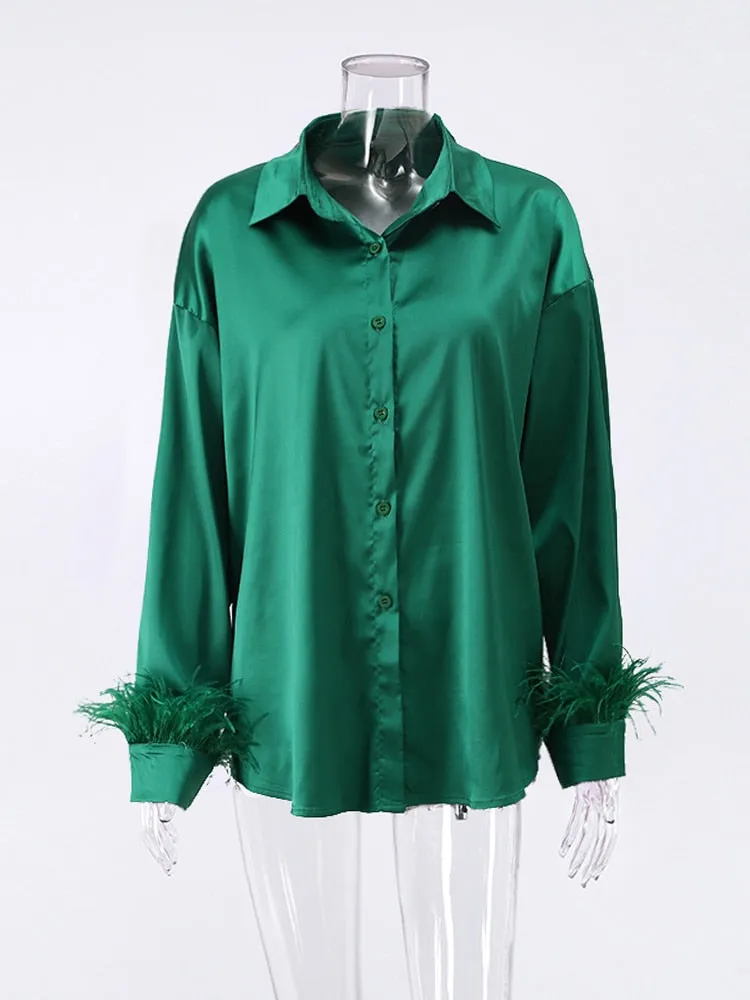 FashionSierra - Elegant Long Sleeve Spliced Feathers Solid Blouse
