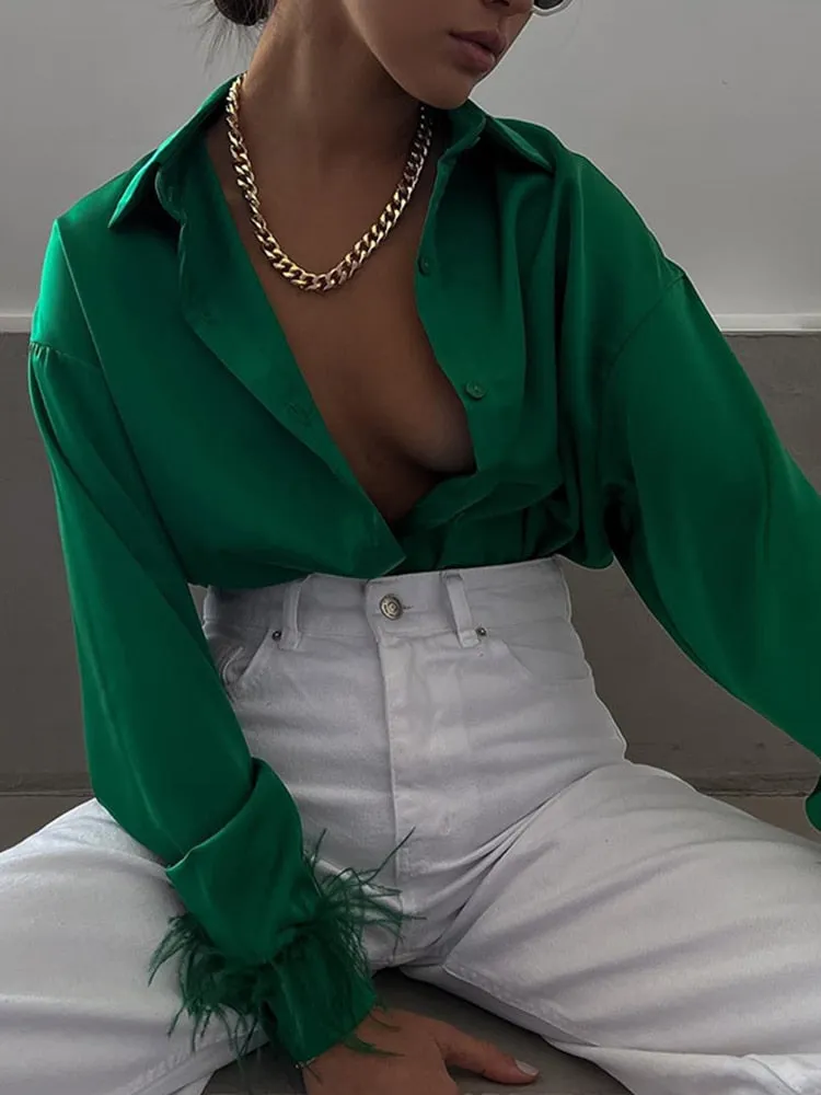 FashionSierra - Elegant Long Sleeve Spliced Feathers Solid Blouse