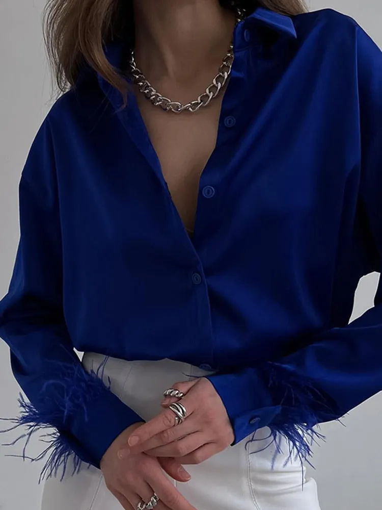 FashionSierra - Elegant Long Sleeve Spliced Feathers Solid Blouse