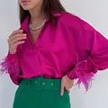 FashionSierra - Elegant Long Sleeve Spliced Feathers Solid Blouse