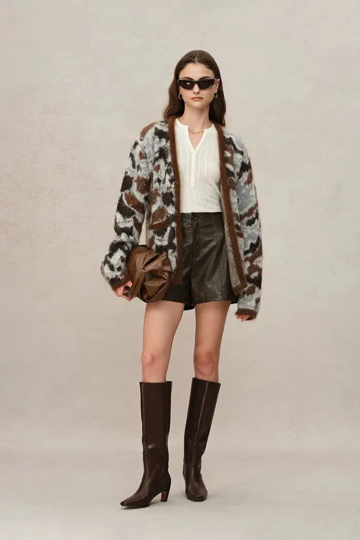 Fera Leopard Jacquard Cardigan in Kid Mohair-Wool Blend Knit