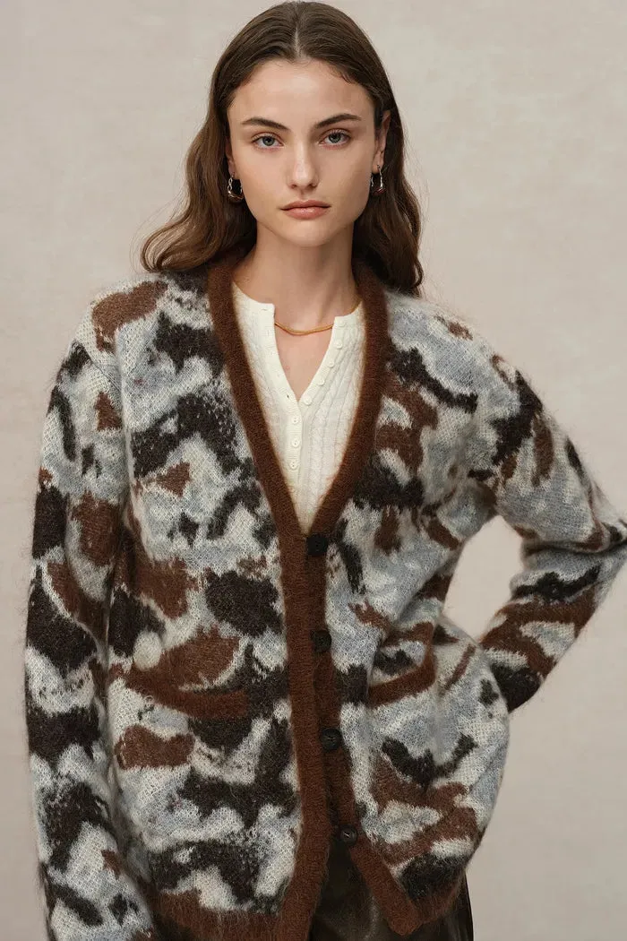 Fera Leopard Jacquard Cardigan in Kid Mohair-Wool Blend Knit