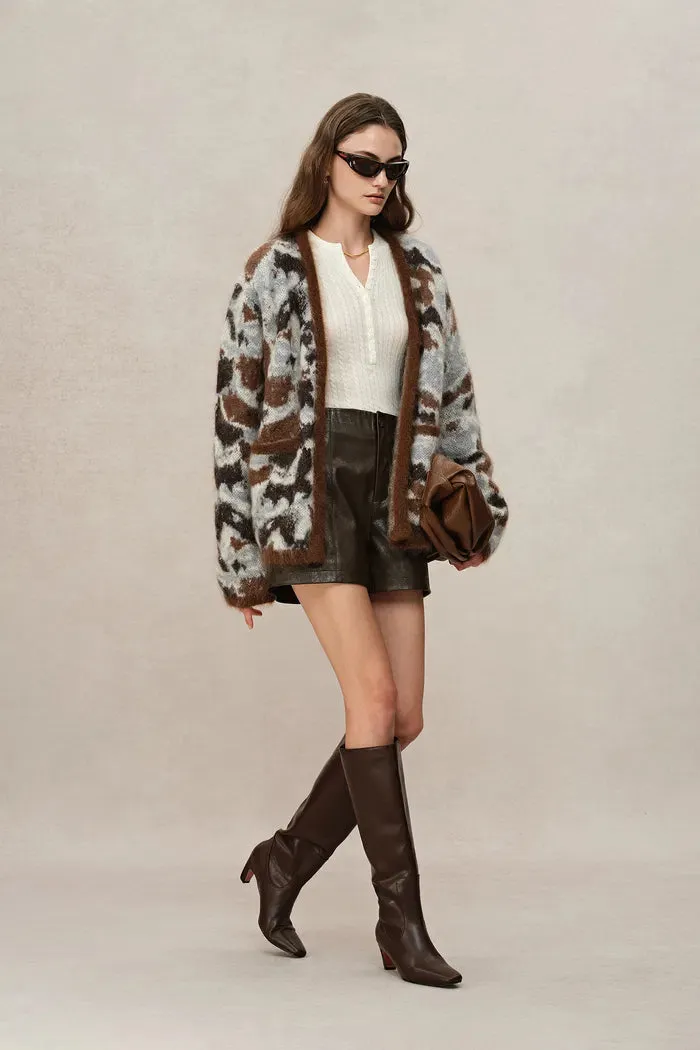 Fera Leopard Jacquard Cardigan in Kid Mohair-Wool Blend Knit