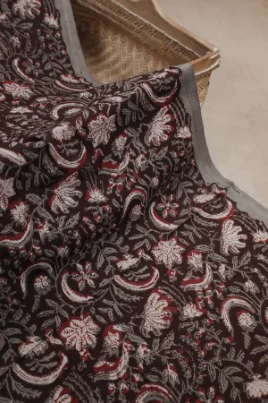 Florals on Deep Brown Dabu Cotton Fabric - 0.5m