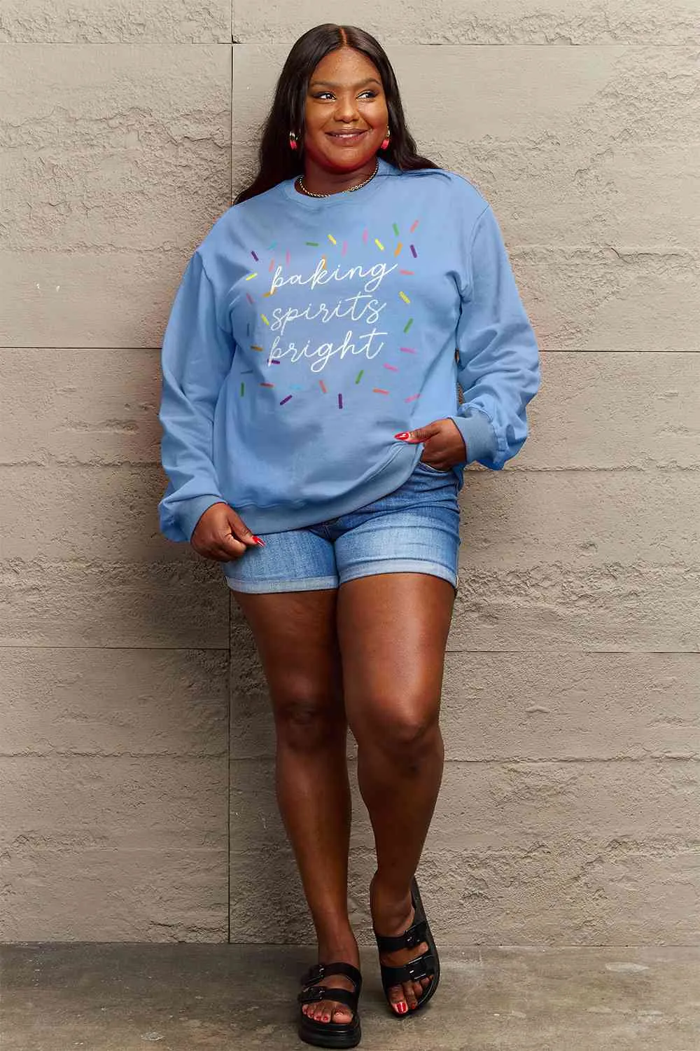Full Size Letter Graphic Round Neck Long Sleeve Sweatshirt