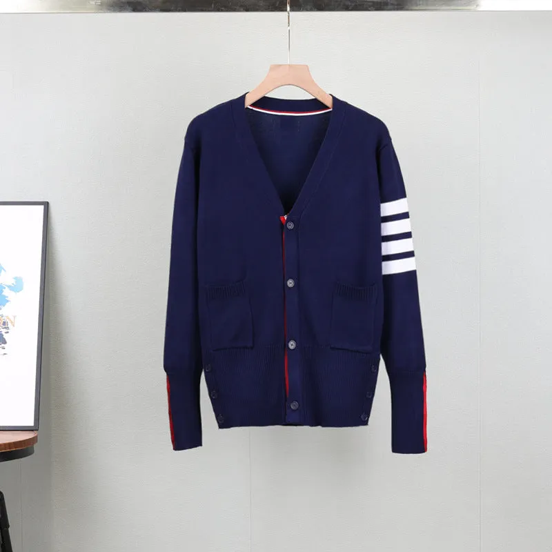 GBOLSOS Four bars striped men and women couple jacket spring and autumn TB loose and versatile early autumn college style large size knitted cardigan