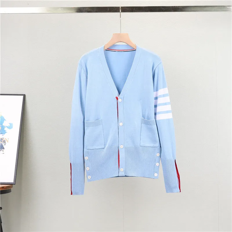 GBOLSOS Four bars striped men and women couple jacket spring and autumn TB loose and versatile early autumn college style large size knitted cardigan