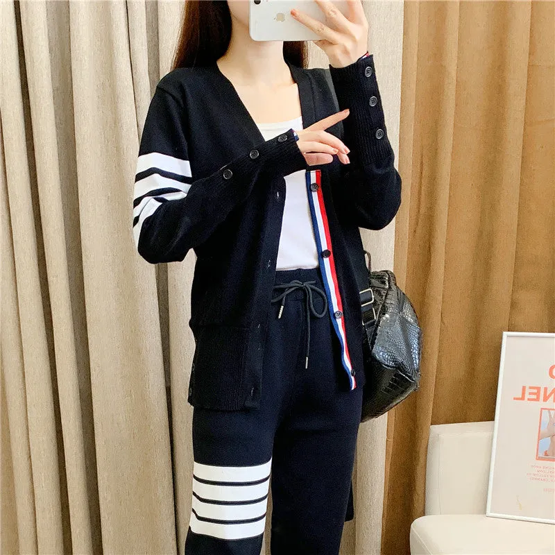GBOLSOS Four bars striped men and women couple jacket spring and autumn TB loose and versatile early autumn college style large size knitted cardigan