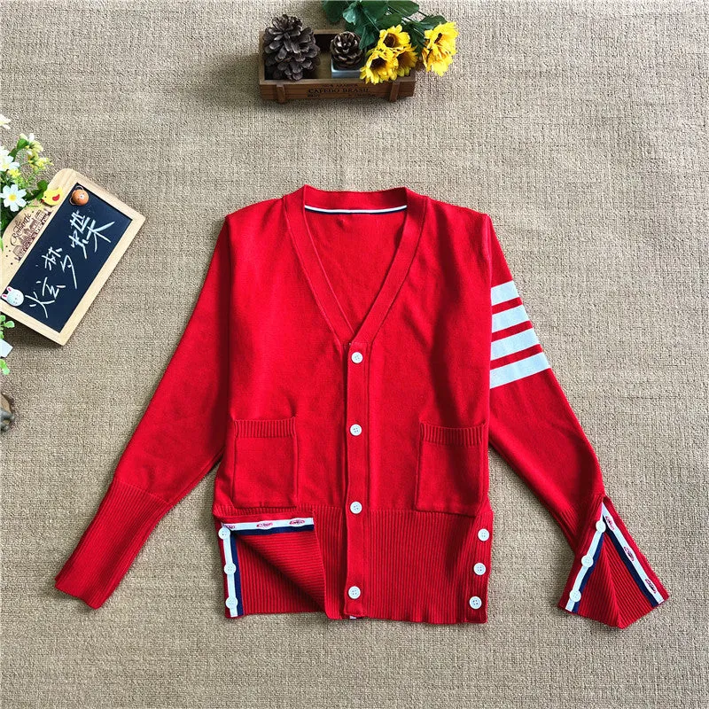GBOLSOS Four bars striped men and women couple jacket spring and autumn TB loose and versatile early autumn college style large size knitted cardigan