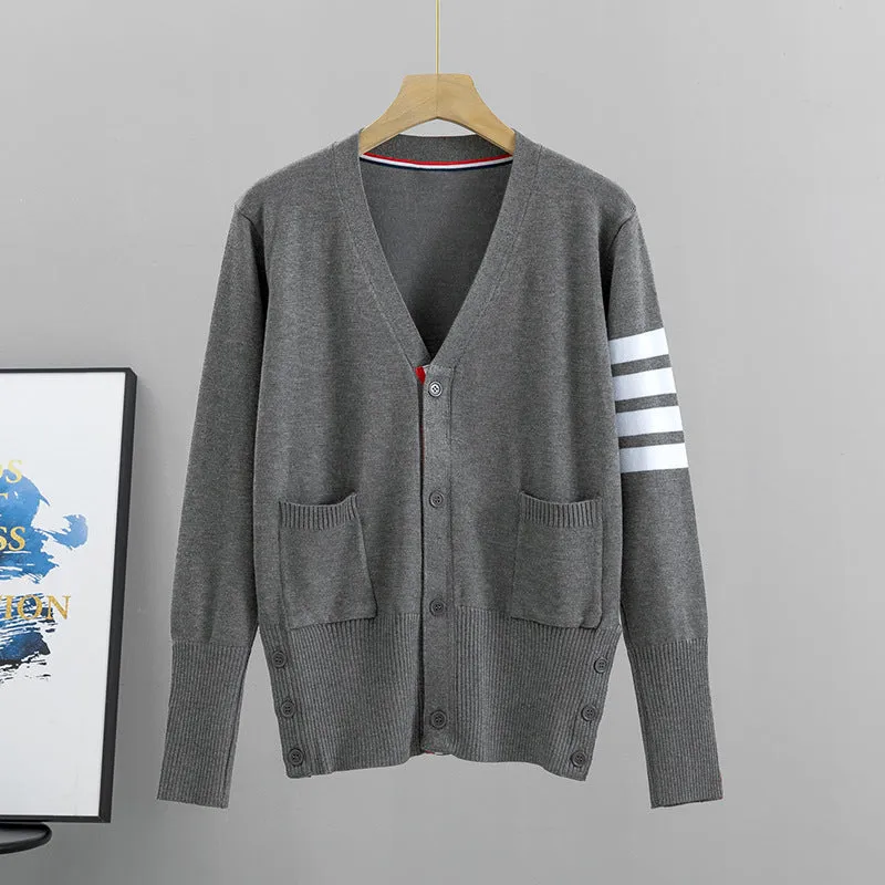 GBOLSOS Four bars striped men and women couple jacket spring and autumn TB loose and versatile early autumn college style large size knitted cardigan